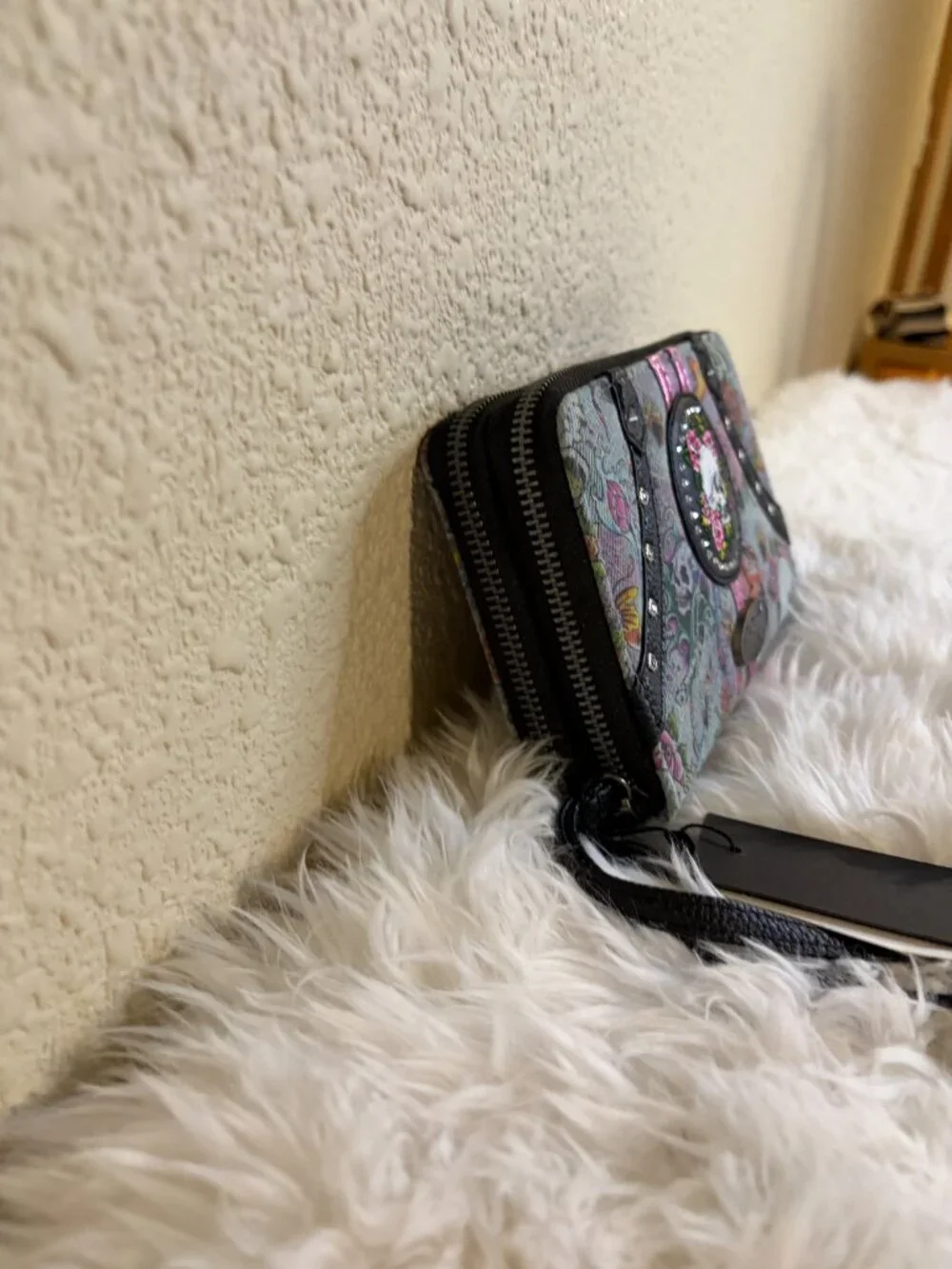 Ed Hardy Skull Rose Tattoo Double Zip Wristlet Wallet Goth Y2K Rockabilly